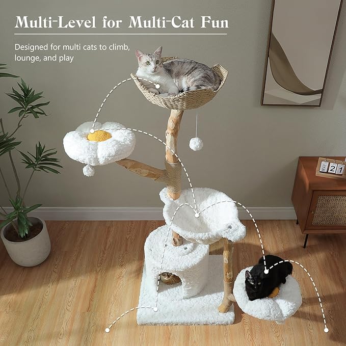 59" Modern Cat Tree Tower for Large Cats w/2 Flower Perches-Natural Solid Wood Scratching Post with Real Branch-Luxury Boho Cat Furniture w/Condo & Wicker Basket Bed, Cloud White-PawvioPets