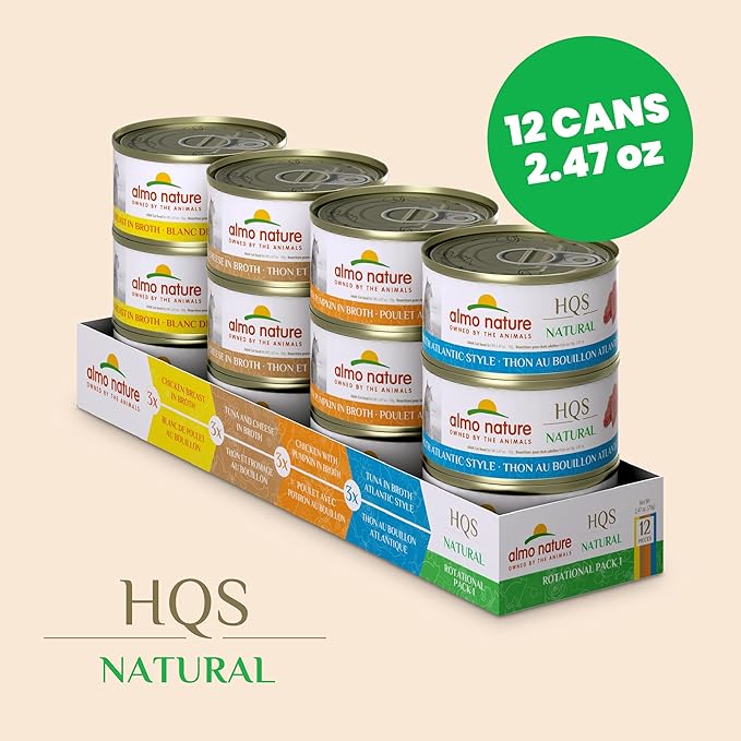 almo nature Wet Cat Food HQS Natural Rotational Diet Chicken & Tuna Selection-Variety Pack, Grain-Free, High-Protein, Highly Digestible, Sensitive Stomach Formula, Additive-Free, 2.47 oz Cans,24-Pack-PawvioPets