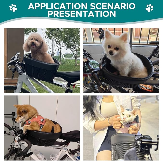 Dog Bike Basket Mountain Bike Shopping Basket Portable Cat and Dog Carrier for Bike Front Crossbar with Sponge Liner ty Strap (Black)-PawvioPets