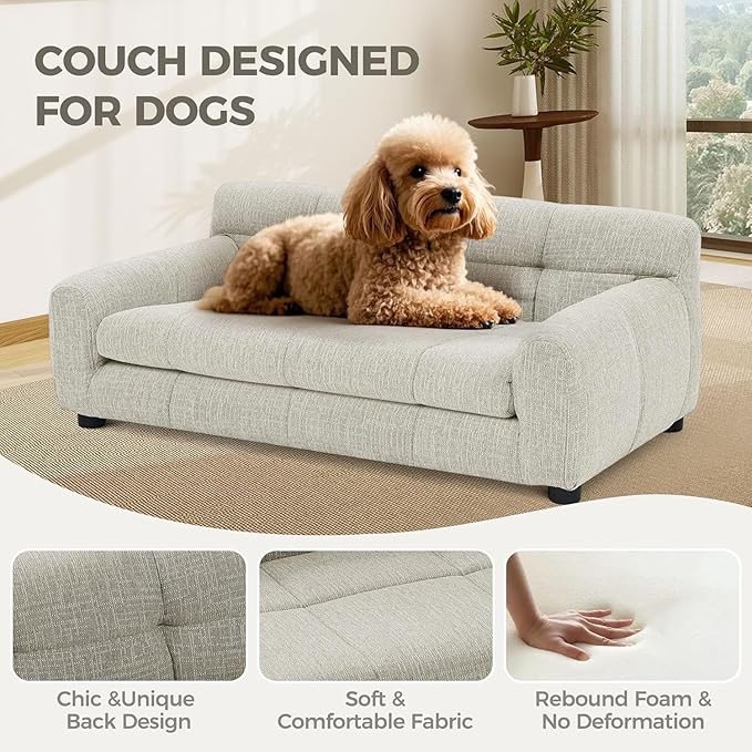 Dog Couch Bed, Mini Sofa for Dogs with Backrest and Armrest, Durable Pet Sofa with Soft Foam Cushion, Elevated Dog Couch Bed with Legs for Medium and Large Dogs, Beige-PawvioPets
