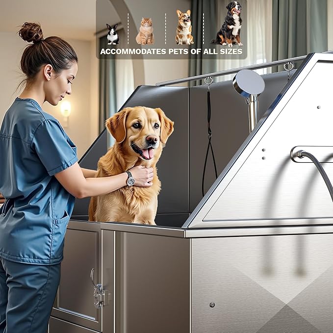 DWVO Professional Pet Dog Bathing Station for Grooming, 50'' Dog Grooming Bathtub with Left Stairs, Floor Grate, Faucet, Showerhead & Soap Holder for Large, Medium & Small Pets-PawvioPets