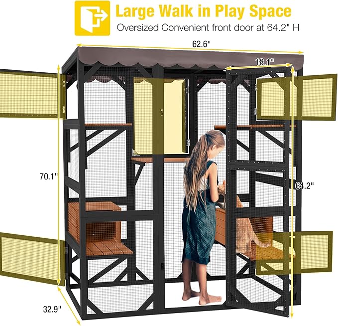 Aivituvin Catio Outdoor Cat Enclosure Large Cat House for Mulitiple Cats Walk in Kitty Cage with Tarp Roof 70" Black-PawvioPets