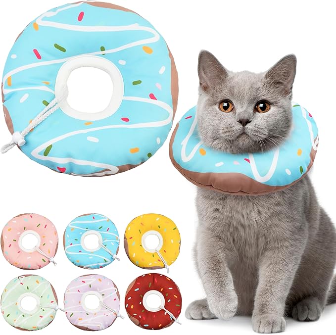 Cat Cone Collar Soft, Waterproof Cat Recovery Collars Spay Cones to Stop Licking Cute Donut E Collar After Surgery Anti-Lick Wound Healing Safety Elizabethan Collar for Kittens (Donut Blue, Small)-PawvioPets