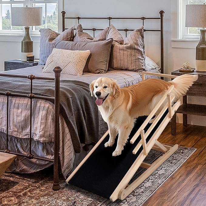 Dog Ramp, 5 Level Adjustable Wooden Folding Pet Ramp for Middle Bed, Couch,SUV-High Traction, Portable Paw Ramps for Small & Large Old Dogs & Cats - Furniture Quality-PawvioPets