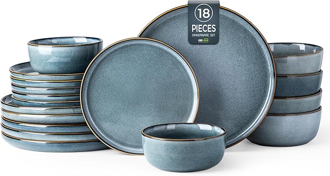 GBHOME Ceramic Dinnerware Sets for 6, 18 Pieces Stoneware Plates and Bowls Sets, Scratch Resistant Dishes, Dishwasher & Microwave Safe, Space Blue-PawvioPets