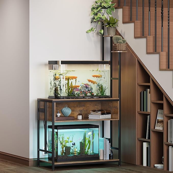 Aquarium Stand with Plant Shelves,20-Gallon Fish Tank Stand with 2-Tier Storage and Display Racks,Metal Frame Reptile Tank Table with Tall Plant Holders,Industrial Rack for Home,Office-PawvioPets