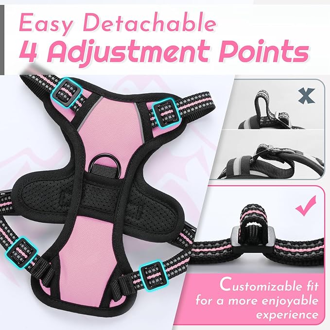 Eagloo Small Dog Harness No Pull, Service Vest with Reflective Strips and Control Handle, Adjustable and Comfortable for Easy Walking, No Choke Pet Harness with 2 Metal Rings, Pink, XS-PawvioPets