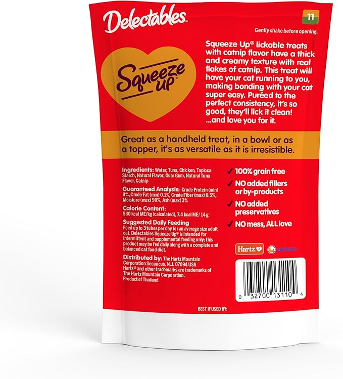 Delectables Squeeze Up Creamy Squeezable Puree, Lickable Wet Cat Treats, Grain Free, No Added Fillers, No By-Products, No Added Preservatives, 0.5 Ounces Tube Chicken with Catnip, 32 Tubes Total-PawvioPets