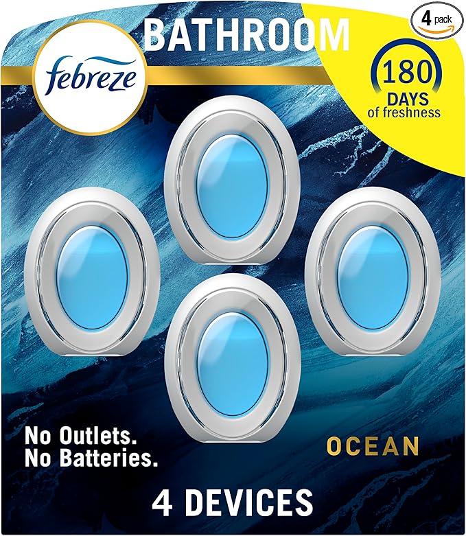 Febreze Bathroom Air Freshener, Odor-Fighting, Plug In Alternative, Air Fresheners for Home and Bathroom and Kitchen, Closet Air Fresheners, Ocean Scent, 4 Count-PawvioPets