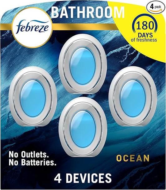Febreze Bathroom Air Freshener, Odor-Fighting, Plug In Alternative, Air Fresheners for Home and Bathroom and Kitchen, Closet Air Fresheners, Ocean Scent, 4 Count-PawvioPets