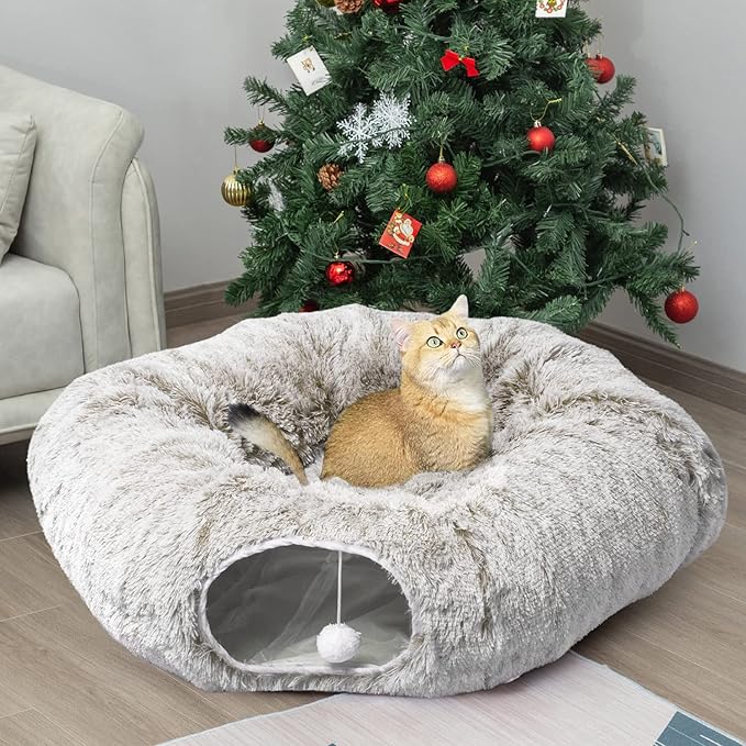 AUOON Cat Tunnel Bed - Cat Donut Tunnel with Soft Plush Circle Cushion for Indoor Cats Kitten Kitty Puppy Rabbit Ferret (Khaki)-PawvioPets
