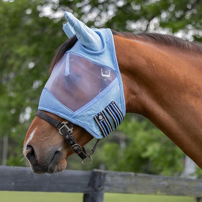 Equinavia Algard Soft Mesh Horse Fly Mask with Ear Protection and 45 UPF Rating | No Eye Irritation & UV Protection - Light Blue - Warmblood-PawvioPets