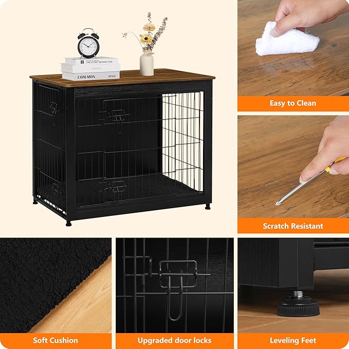 DWANTON Dog Crate Furniture with Cushion, Wooden Kennel Table with Double Doors, Indoor Dog House, Medium Size, 32.5" L, Black+Warm Brown-PawvioPets