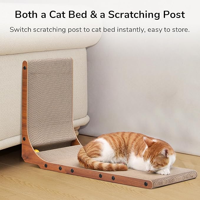 FUKUMARU Cat Scratcher, 26.8 Inch Cat Scratch Pad for Indoor Cats, L Shaped Cardboard Vertical Cats Scratching Board with Ball Toy, Walnut Color, 1 Pack-PawvioPets