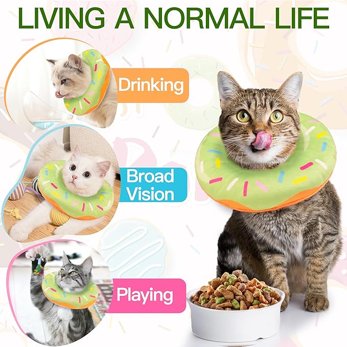 Cat Cone Collar Soft, Cute Cat Donut Collar After Surgery, Adjustable Kitten Recovery Cones to Stop Licking, Lightweight Neck Elizabethan Collars for Cats Kittens (Green, Large)-PawvioPets