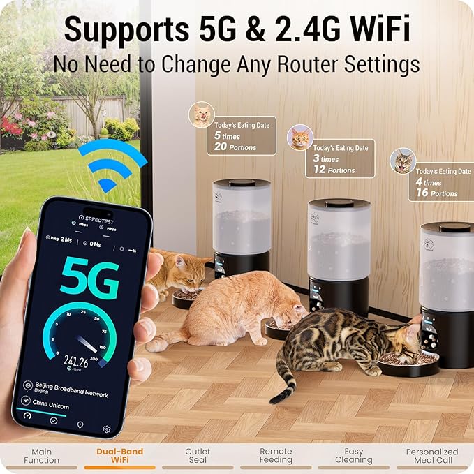 5L Automatic Cat Feeder with Sealed Outlet: 5G WiFi Automatic Dog Feeder with APP Control, Auto Cat Food Dispenser with Voice Recording for Pets, Detachable for Easy Clean - 21 Cup-PawvioPets