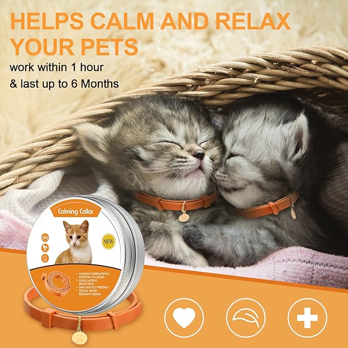 4 Pcs Cat Calming Collar Adjustable Lavender Scent Relaxing Cat Collar with 2 Pendant for Puppies Reduce Stress Aggression Anxious, up to 15 Inches(Orange)-PawvioPets