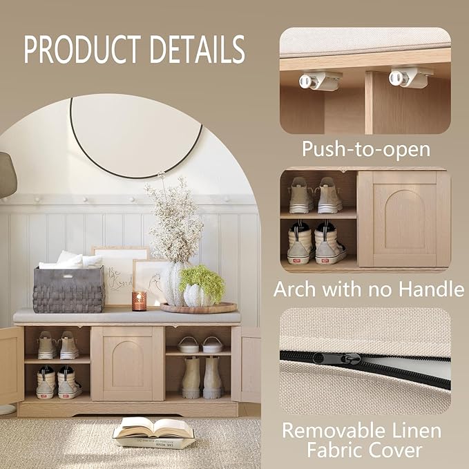 DINZI LVJ Shoe Bench, Entryway Storage Bench with Doors, Cushion, 2-Tier Shoe Rack with 6-Cubby, 39.4”L x 13.8”W Shoe Organizer Cabinet, Adjustable Shelf, Living Room, Bedroom, Natural-PawvioPets