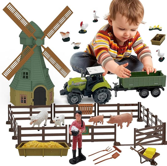 82PCS Farm Animals Toys Set Comes with Tractor Trailer, Windmill, Farmer, Fence - Playset for Kids Toddlers Boys Girls 5+ Years Old-PawvioPets