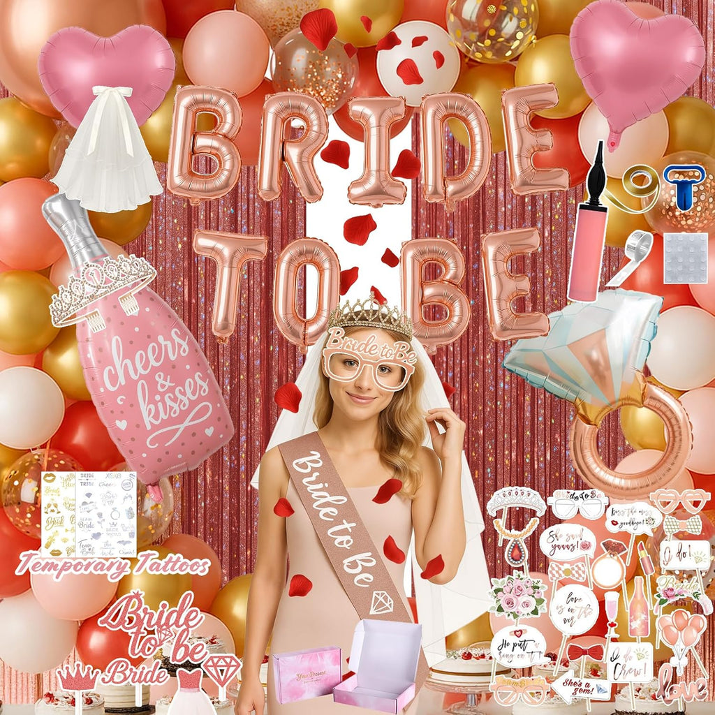 168PCS Bridal Shower Decorations Kit – Rose Gold Bachelorette Party Supplies with Bride To Be Foil Balloon, Shoulder Sash, Veil, Crown, Balloons, Props, Fringe Curtains, Tattoos, Cake Toppers