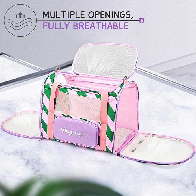 BurgeonNest Cat Carrier, Dog Cat Carriers for Large Medium Cats Under 20 lbs, Soft Sided Pet Carrier, Collapsible Travel Carry Puppy Kitten Cat Carrier with Big Side Bag (Medium, Pink-Green)-PawvioPets