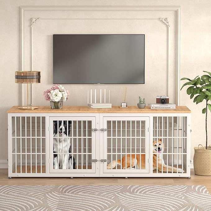 78 Inch Double Dog Crate Furniture, Heavy Duty Extra Large Cage Furniture with Divider for 2 Dogs, Decorative Wooden Kennel Furniture Indoor, Pet House for Large and Medium Dogs, White-PawvioPets