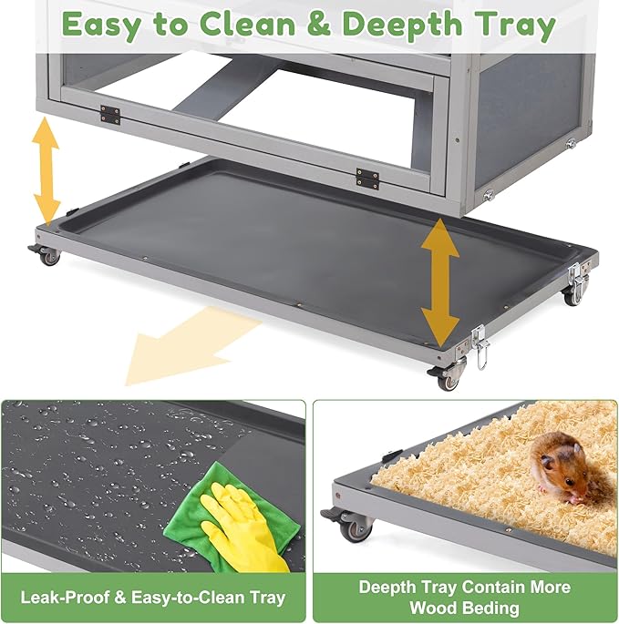 Coziwow Hamster Cage 35.4'' with Removable Ramps & Tray, Small Animals Hutch with Wheels & 2 Openable Doors, 3-Tier Wooden Cage for Dwarf Syrian Hamster, Mice, Rat, Rabbit-PawvioPets