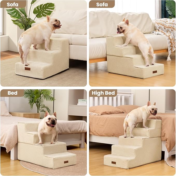 Dog Stairs for Small Dogs & Cats, 3-Step Extra Wide Non-Slip Pet Steps for Couch Sofa and Chair, Beige, 15.7" H-PawvioPets