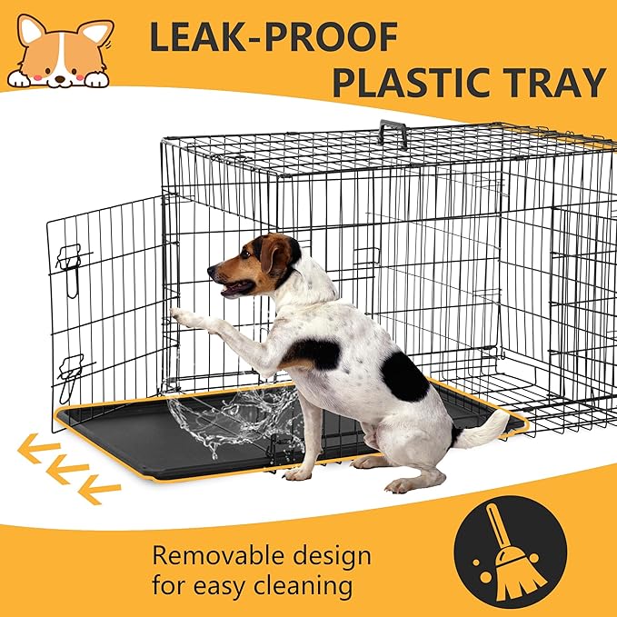 FDW Dog Crate Dog Kennel Cage with Double Door,36 inch Folding Metal Wire Dog Cage with Removable Tray&Divider Panel,Pet Crate for Medium Dogs,Black-PawvioPets