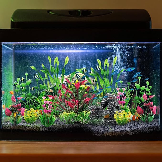 Fish Tank Accessories Aquarium Plants, 12pcs Colorful Fish Tank Artificial Plants and Cave Rock Decor Set, Aquarium Decorations Plants-PawvioPets
