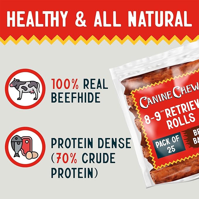Canine Chews 8-9" Beef Basted Thick Rawhide Retriever Rolls - Pack of 25 Beef-Flavored Long-Lasting Dog Rawhide Chews - Protein-Dense Jumbo Rawhide Bones For Large Dogs - Treats for Aggressive Chewers-PawvioPets