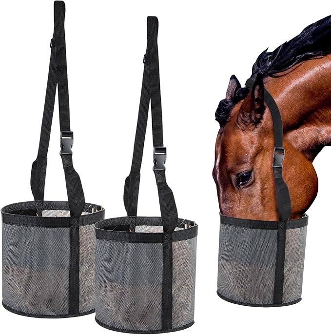 2 Pcs Horses Feed Horse Bag for Grain Hay Bags Heavy Duty Mesh Horse Feeder with Adjustable Strap Comfort Neck Pad Nose Pad and Waterproof Bottom Muzzle(Gray)-PawvioPets