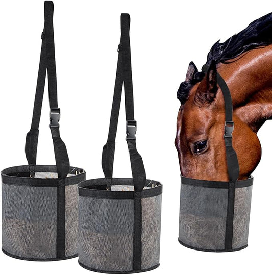 2 Pcs Horses Feed Horse Bag for Grain Hay Bags Heavy Duty Mesh Horse Feeder with Adjustable Strap Comfort Neck Pad Nose Pad and Waterproof Bottom Muzzle(Gray)-PawvioPets