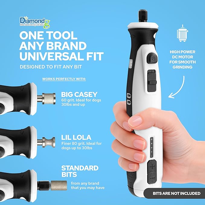Diamondg Cordless Dog Nail Grinder with Quiet Sound & LED Tip for Large & Small Dogs, 4hrs. Runtime, 2 Bits Included, White-PawvioPets