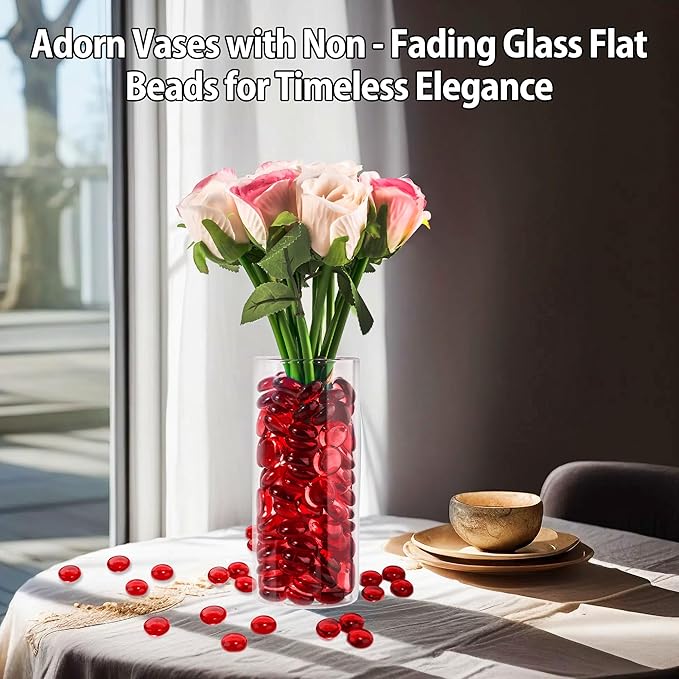1LB Red Glass Marbles, Transparent and Smooth Flat Glass Beads for Vases, Mosaic Gem Pebbles for Aquarium Decor, Floral Arrangements, Mancala Stones, Vase Filler and Crafts (Approx. 80-100 PCS)-PawvioPets
