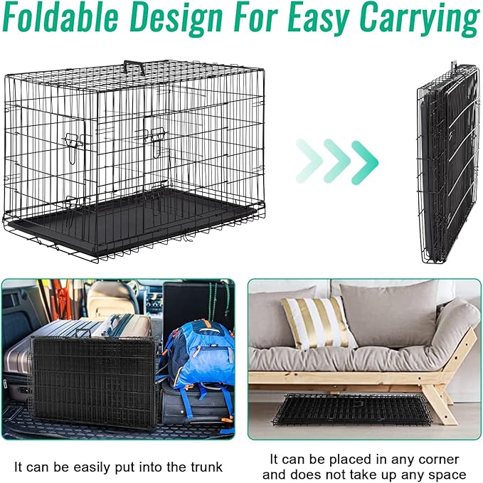 FDW Dog Crate for Large Dogs 42 Inch Folding Metal WirePet Cage Double Door W/Divider Panel Indoor Outdoor Kennel Leak-Proof Plastic Tray,Black-PawvioPets