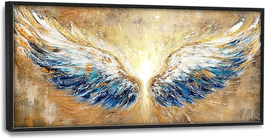 Extra Large Angel Wings Framed Wall Art for Living Room,Oversized Golden Wings Pictures Wall Decor,Holy Gold Blue Canvas Print Painting Modern Artwork Bedroom Office Bathroom 60L" x 30W"-PawvioPets