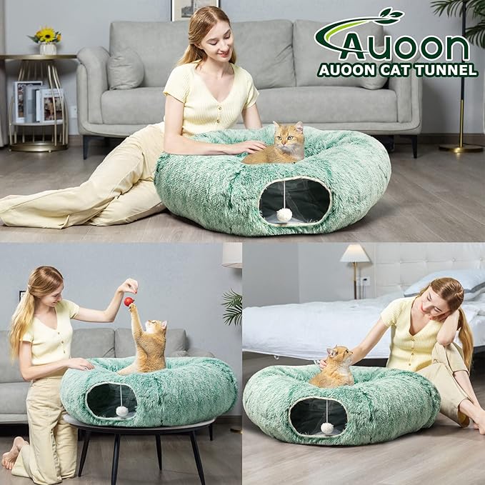 AUOON Cat Tunnel Bed for Indoor Cats - Circle Peekaboo Cat Cave with Washable Mat for Indoor Cats Kitten Kitty Puppy Rabbit Ferret (Green)-PawvioPets