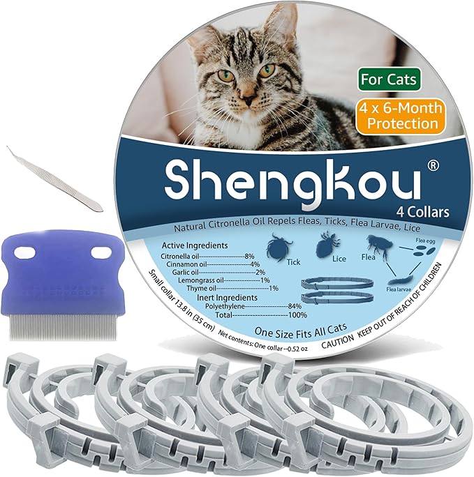 Flea and Tick Collar for Cats. Offers 4 * 6 Months of Protection. Made from Quality Essential Oils. Waterproof and Natural. Protects Kittens. Free Flea Comb and Tick Tweezers. (4 Pack - 13.8 inches)-PawvioPets