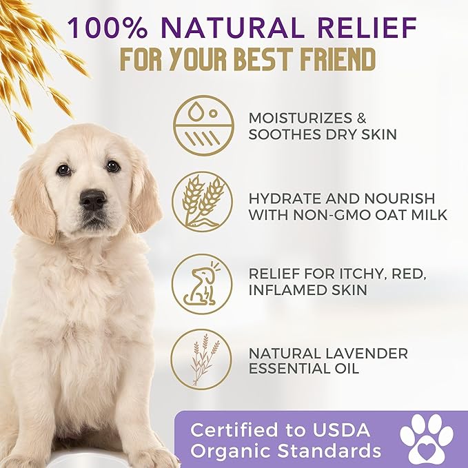 All Natural Organic Oatmeal Dog Shampoo for Itchy Skin with Aloe, Coconut & Lavender Essential Oil, Hypoallergenic, Moisturizing for Normal, Dry, Itchy, or Sensitive Skin, USA Made, 16 oz-PawvioPets