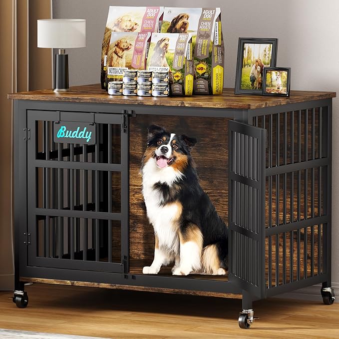 EasyCom 42"/41"/33" Dog Crate Furniture with Name Tag, XL Heavy Duty Dog Kennel Indoor for Large and Medium Dogs, Double-Doors Sturdy Dog Cage for Anxiety Dog, Decorate House as TV Stand-PawvioPets