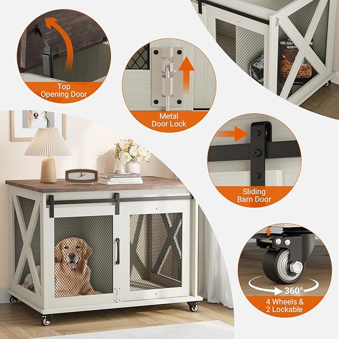 Dog Crate Furniture,37 Inch Indoor Dog Cage with Sliding Barn Door, Flip Top Dog Kennel End Table with Removable Divider, Farmhouse Wooden Pet House for Small to Middle Size Dogs-PawvioPets