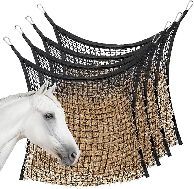 4 PCS Slow Feed Hay Net for Horses, Large Capacity Hay Bags for Horses Goats Sheep Donkey Trailer Full Day Feeding, Easy to Fill and Hang, Black, 35 x 31 Inch-PawvioPets