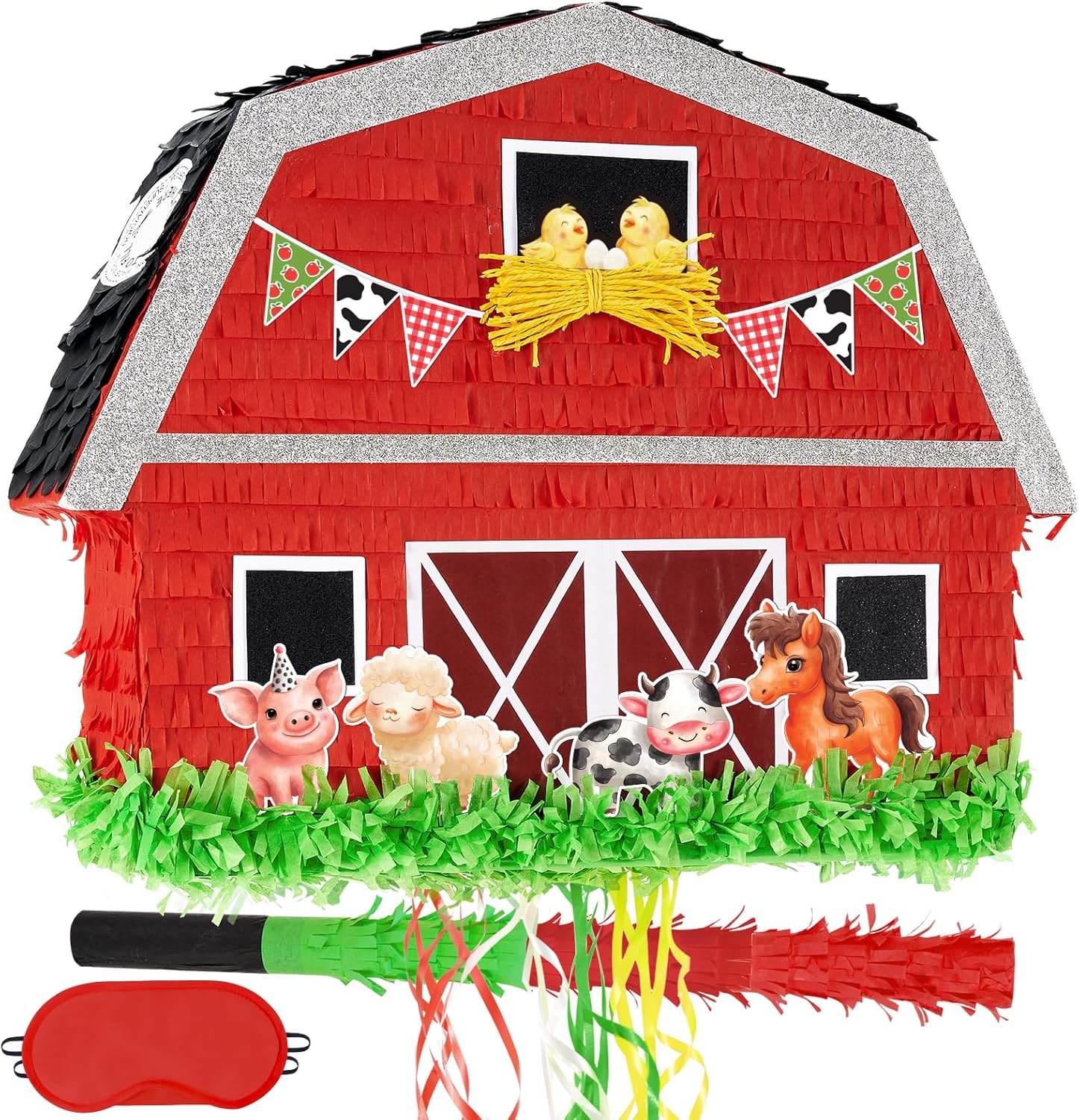 WERNNSAI Red Farm Animal Piñata - Farm Baby Shower Decorations Animal Pinata Party Game for Kids Birthday Celebrations Milk Farm Party Favor Supply with Bat Blindfold