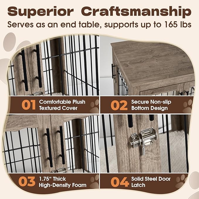 Dog Crate Furniture with Cushion, 32 inch Wooden Kennel Table with Double Doors, Indoor Dog House End Table for Small/Medium Dog, Grey (32x23x26in)-PawvioPets