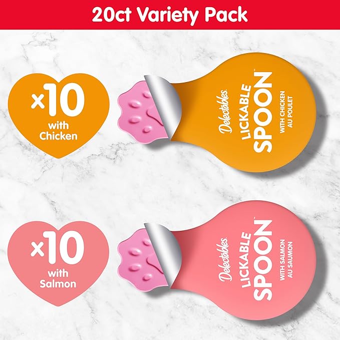 Delectables Lickable Spoon™ Handheld Wet Cat Treats Made with Real Chicken & Salmon, Creamy Puree, Mess Free, Quick & Easy, Grain-Free, No Added Fillers, No Added Preservatives, Variety Pack, 20ct-PawvioPets