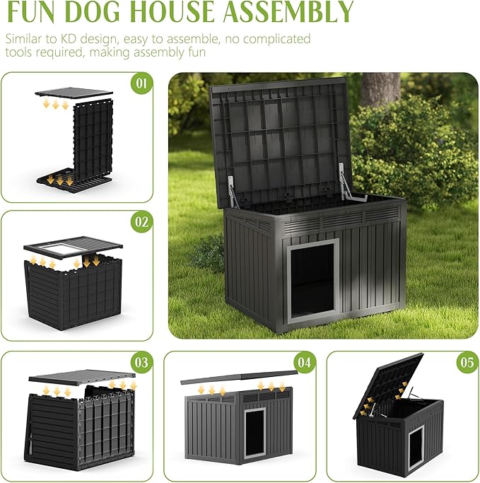 Dog House Indoor Outdoor,Resin Waterproof Puppy Shelter with Air Vents and Elevated Floor,Air Rod on Top to Open,Dog Kennel for Small to Large Dogs(Black,42.87 * 32.95 * 31.61)-PawvioPets