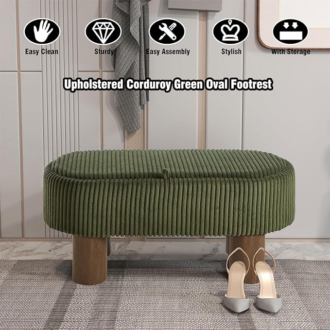Bench with Storage 43 inch, Upholstered Corduroy Farbic Green Oval Footrest with Hidden Storage, Stool Modern Design Legs for Bedroom, Living Room, and Entryway Furniture Ottoman-PawvioPets