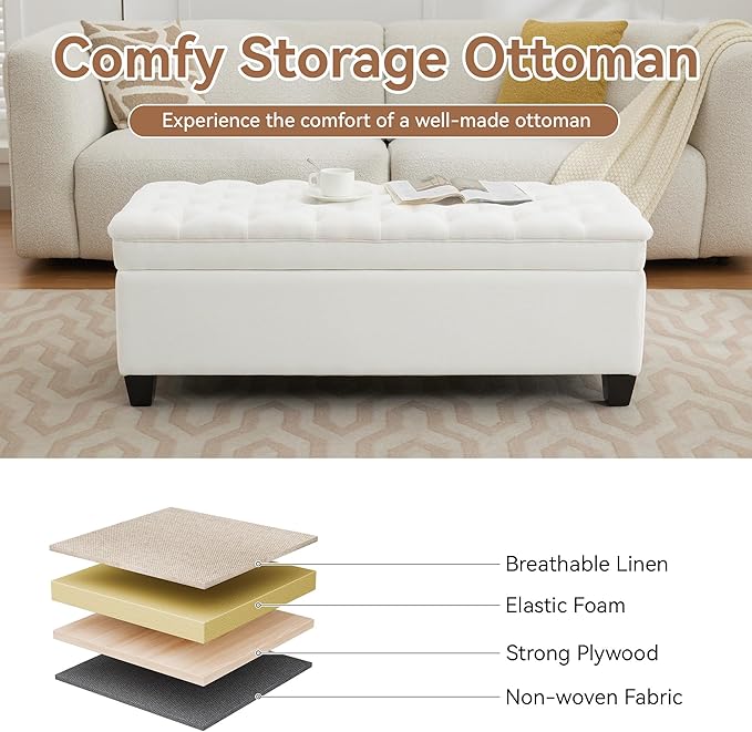 51" Fabric Storage Ottoman Bench, Upholstered Rectangle End of Bed Storage Ottoman Tufted Living Room Bedroom Bench with Safety Hinge, Solid Wood Legs, Loads 500 lb(Beige)-PawvioPets