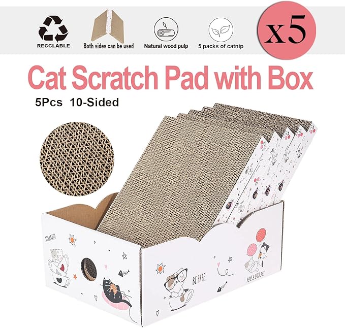 5 Packs in 1 Cat Scratch Pad with Box, Cat Scratcher Cardboard,Reversible,Durable Recyclable Cardboard, Suitable for Cats to Rest, Grind Claws and Play with Scratch Box-PawvioPets